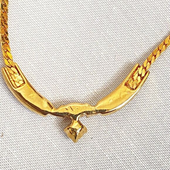 Pendant Necklace Gold Tone Flat Cobra Chain Clear Rhinestones Central Opalesque - Picture 5 of 11